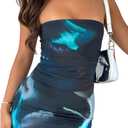 Hupplle Women's 2025 Floral Mini Bodycon Dress Sexy Strapless Tube Ruched Stretchy Party Club Night Out Short Outfits Dresses (Medium, Black-blue)