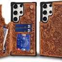 RMAWRAD Leather Case Compatible with Samsung Galaxy S24 Ultra Wallet 6.9",Genuine Leather Shockproof Anti-Fall Case, Flip Cover with Card Slot, Double Magnetic Buckle,Kickstand Durable Brown