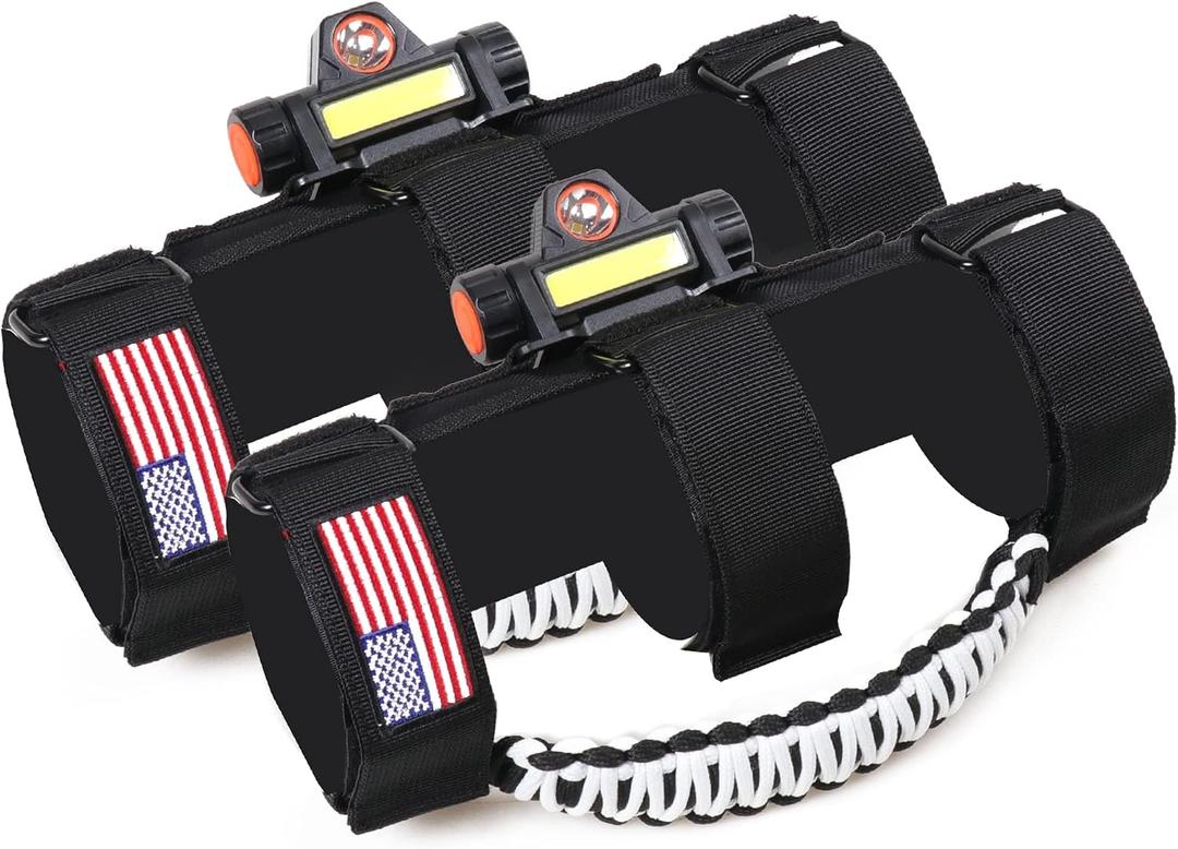 Roll Bar Grab Handles with Dome Light for 1945-2025 Jeep Wrangler CJ YJ TJ JK JL Gladiator JT UTV Polaris RZR 2.0-4.0 Roll Cage Paracord Grip Handle with Light Bar 2 Pack White