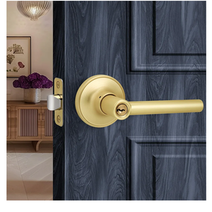 3 Brushed Gold Round Style Door Handle with Lock and Key, Keyed Entry Reversible Door Lever for Office or Front Door, Satin Brass Finish