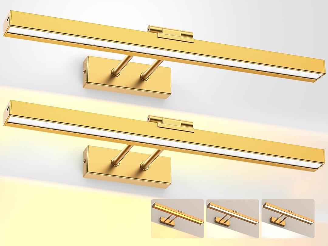 PESUTEN Picture Light Battery Operated, 16in Wireless Art Light for Paintings CCT Dimmable Recharging Battery Picture Light with Remote Control for Gallery Dartboard Art Bedroom Bathroom 2pcs Gold