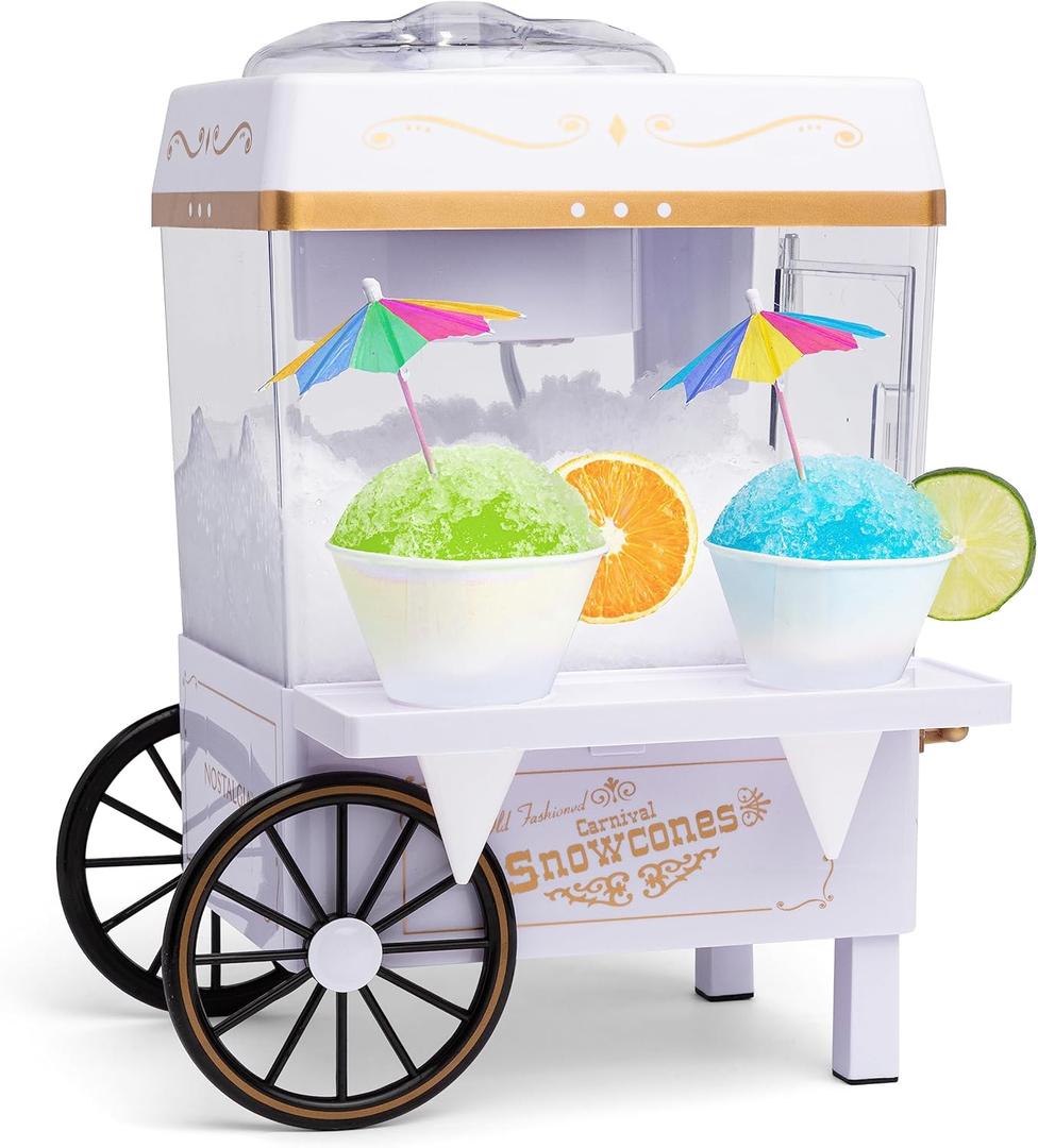 Nostalgia Snow Cone Shaved Ice Machine - Retro Table-Top Slushie Machine Makes 20 Icy Treats - Includes 2 Reusable Plastic Cups & Ice Scoop - White