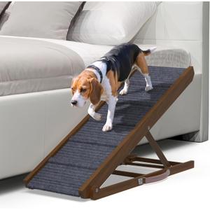 PATHOSIO Dog Ramps for Bed Portable Dog Ramp for Couch, Folding Dog Ramp for All Breeds Real Wooden Ramp for Dogs To Get on Bed, Adjustable Dog Ramps for Large Dogs (Walnut - Grey Carpet Medium-large)