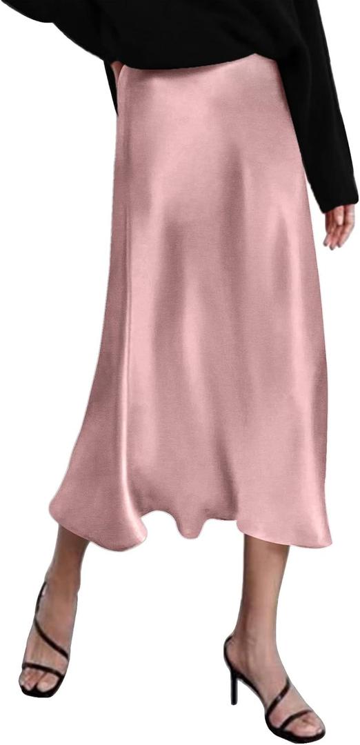 Zeagoo Skirts for Women High Waist Skirt Elegant Midi Skirt Satin (Pink, S)