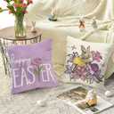 Happy Easter Purple Lily Pillow Covers Watercolor Eggs Bunny 18 x 18 Inch Throw Pillows, Spring Anniversary Celebration Seasonal Decorative Farmhouse Cushion Case for Sofa Couch Set of 4