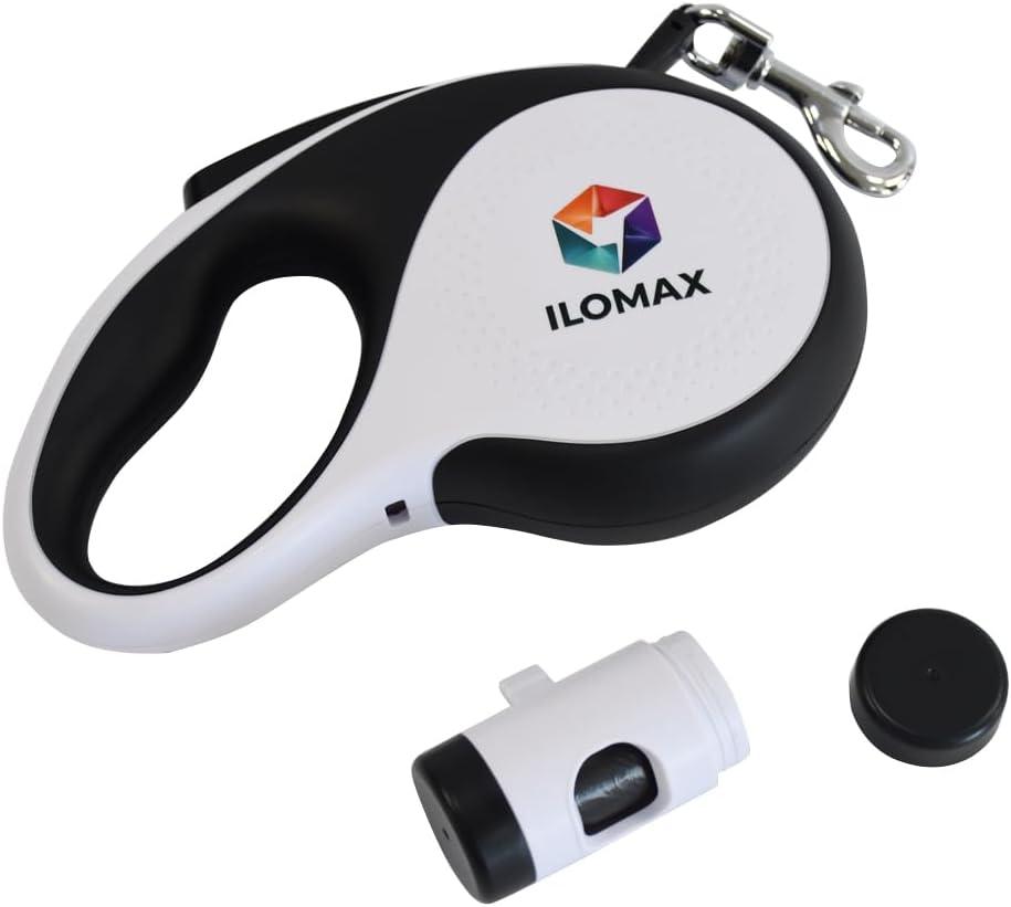 ILOMAX 360 Tangle-Free Retractable Dog Leash Built-in Waste Bag Dispenser Under Handle 2 Rolls Poop Bags Included Heavy Duty Tape Leash for Dogs up to 30kg Carry Pouch Included.16ft (White, L)