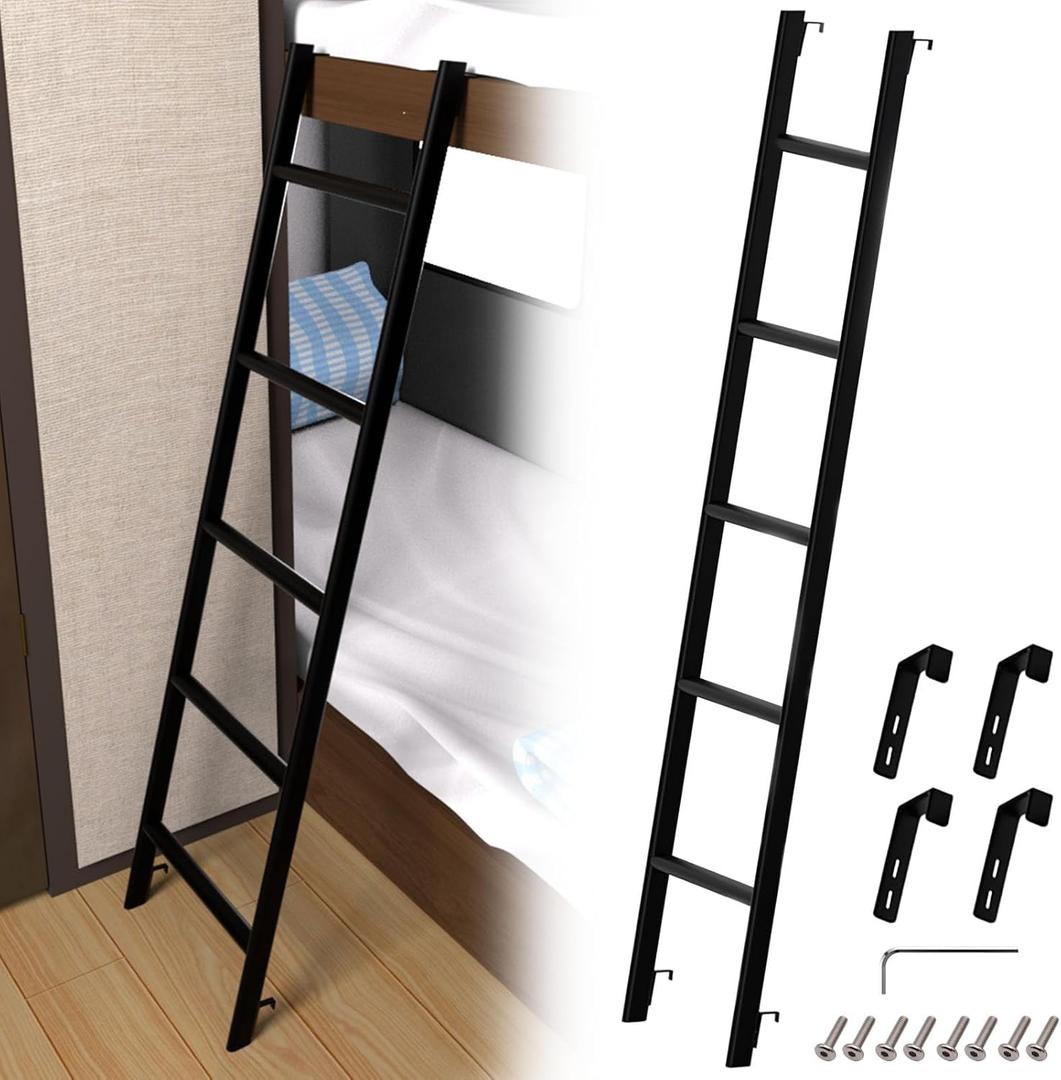 RV Bunk Bed Ladder 45"/50"/55"/60"/66"/72'', Heavy Duty Travel Trailer Bed Ladders with 4 Hook and Foot Caps, Metal Twin Bed Step Ladder for Home Dorm Appartments, Load 330 LBS (60inch / 152cm, Black)
