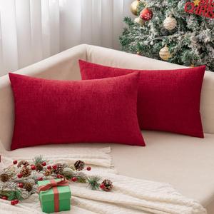 MIULEE Pack of 2 Christmas Red Couch Throw Pillow Covers 12x20 Inch Soft Chenille Pillow Covers for Sofa Living Room Solid Dyed Pillow Cases