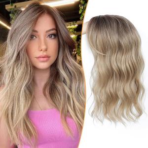 PANEWAY Hair Topper 16 Inch Wavy Synthetic Clip-In Topper for Women Natural Looking Voluminous Hairpiece for Thinning Hair, Lightweight & Breathable (Ombre Blonde With Dark Root)