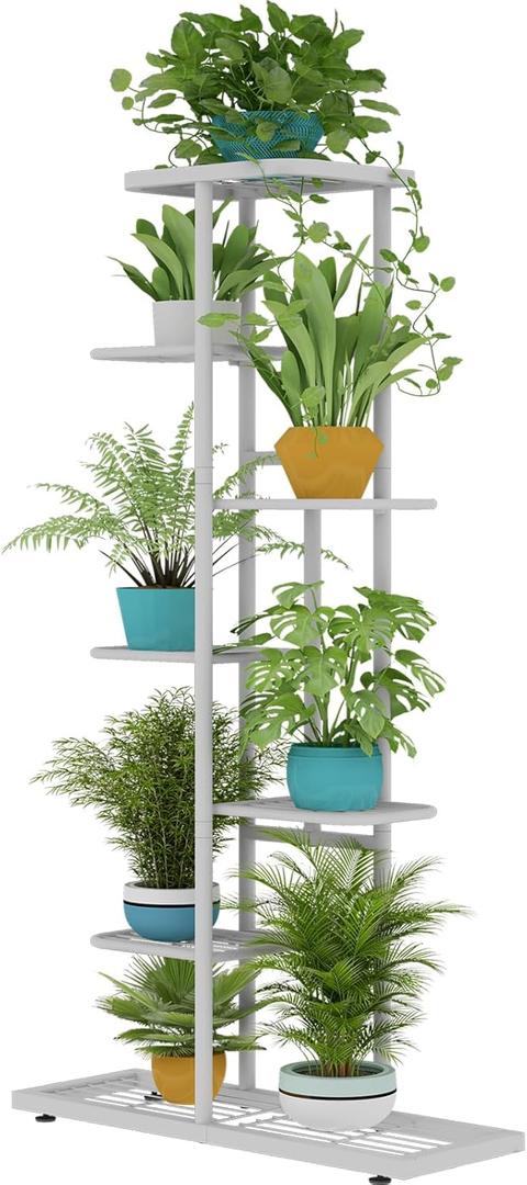 Plant Stand Metal 7 Tier 8 Potted Multiple Flower Pot Holder Shelf Indoor Outdoor Planter Display Shelving Unit for Patio Garden Corner Balcony Living Room, White