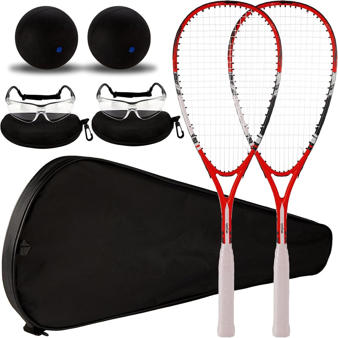 2 Pack Beginner Squash Racquet Set Includes Racquets with Racket Bags Anti Fog Goggles Cases Blue Dot Ball Indoor Gym Sports for Beginners Novice Training Recreational Play