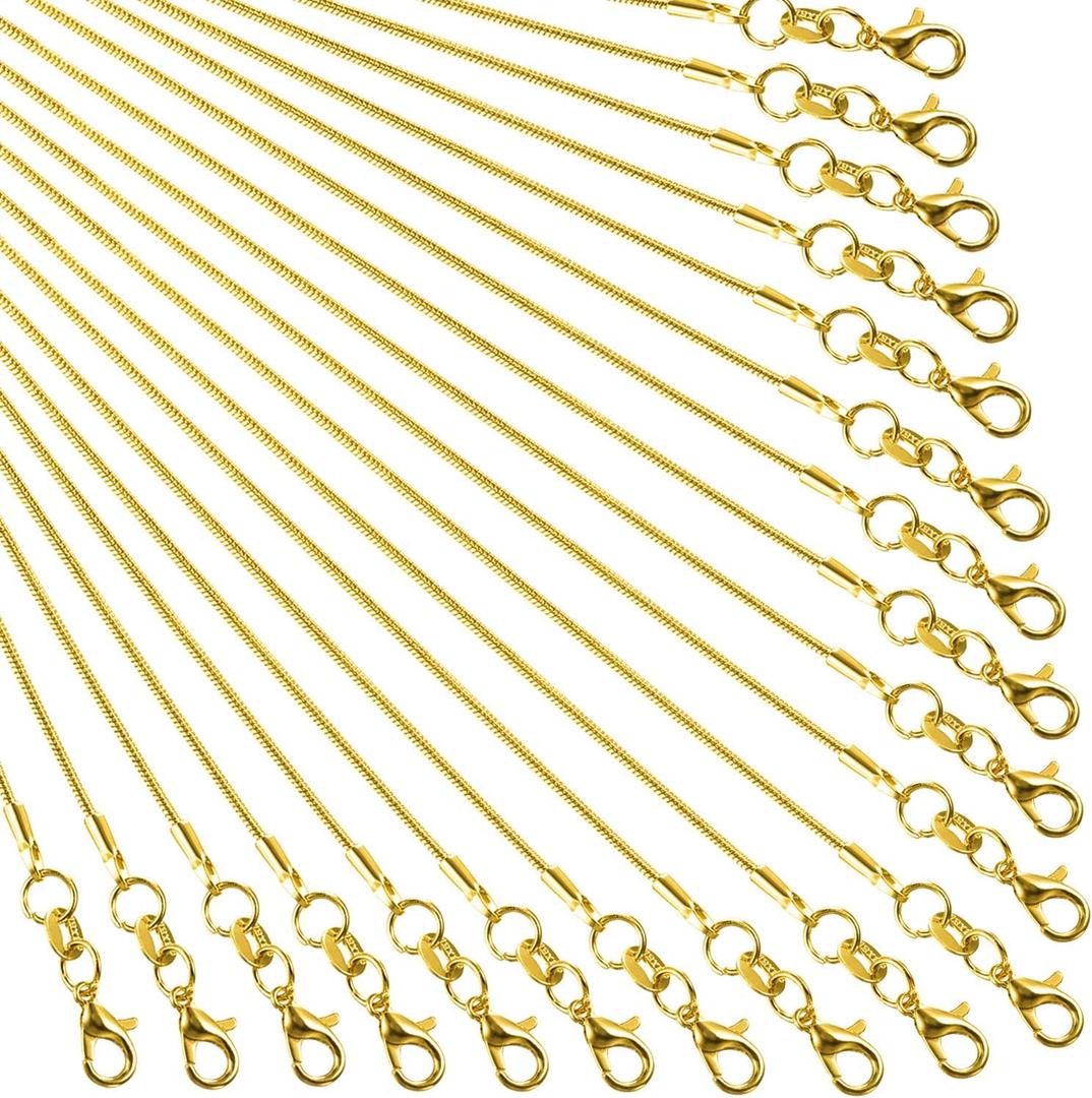 TecUnite 24 Pack Gold Snake Chain Necklace Chains with Lobster Clasps Gifts DIY for Jewelry Making, 1.2 mm