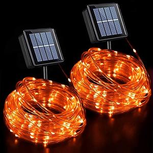 QITONG Orange Solar Christmas Lights, 2 Pack Each 33ft 100 LED Rope Lights Outdoor Waterproof, Fairy Lights in Clear Thin Tube with 8 Modes for Thanksgiving Fall Decor