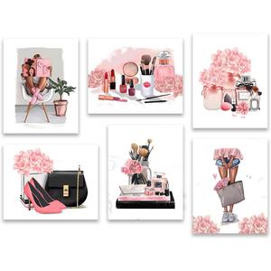 Pink Wall Art Canvas Prints Makeup Room Wall Decor,Modern Artwork Women Girls Bedroom Fashion Decorations,Set of 6 (8 * 10inch,Unframed).