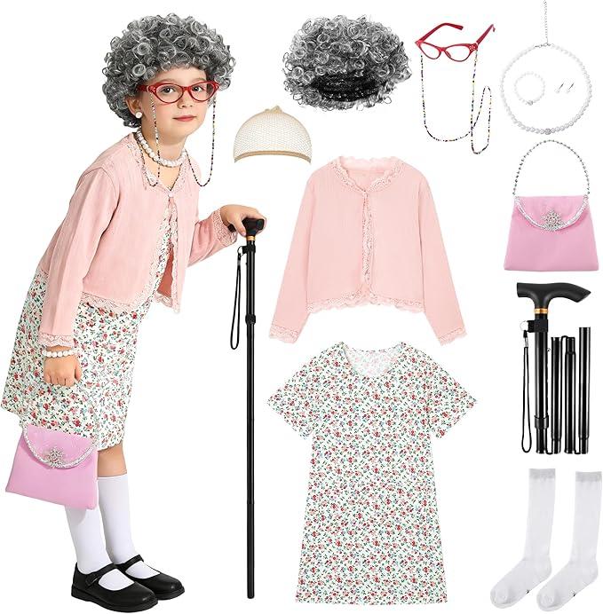 Old Lady Costume for Kids 100 Day of School Costume for Girls 100th Day of School Dress Up Grandma Wig Cane Outfit