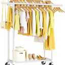Double Rods Clothes Rack, Rolling Clothing Rack for Hanging Clothes Portable Wardrobe Rack, Metal Garment Rack Sturdy Coat Rack for Bedroom Laundry Living Room, White