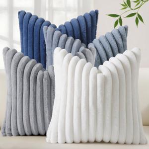 decorUhome Set of 4 Faux Fur Throw Pillow Covers 18x18 Inch Decorative Farmhouse Modern Soft Plush Striped Couch Pillow Covers with Velvet Back for Sofa, Bed, Living Room, Blue/Grey