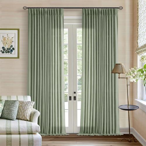 Pinch Pleated Green Linen Curtains 96 Inches Long for Living Room Bedroom Light Filtering Boho Window Drape 96 inch 2 Panels with Hooks Rings 8ft Sage Green Sliding Glass Door Semi Sheer Curtain