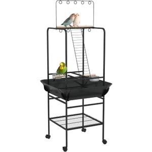 PawHut Bird Stand with Wheels, Parrot Stand with Perches, Stainless Steel Feed Bowls, Pull-Out Tray, Toy Hanger, Bird Play Stand for Indoor Outdoor Small Parrot, Dark Gray