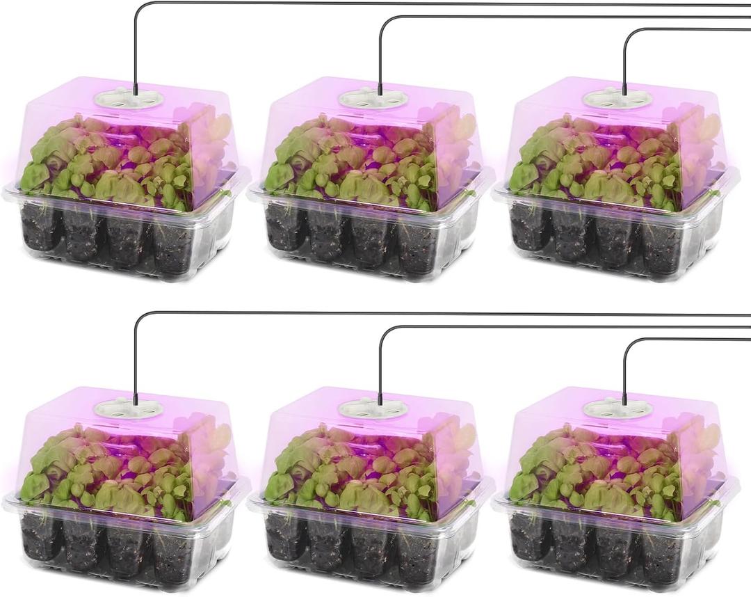 MIXC Seed Starter Kit with Grow Light, Elevated Seedling Tray Kit with Adjustable Humidity Dome and Clear Cell Tray, 12 Full Spectrum Led Beads for Seed Starting Greenhouse, 6 Pack, Transparent