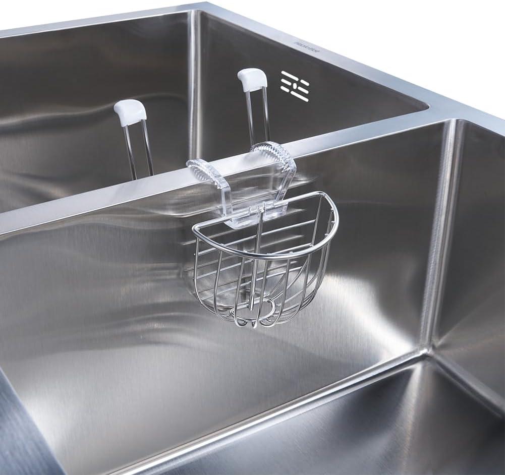 2-in-1 Sponge Holder with Cup Drying Rack Dish Sponge Caddy 304 Stainless Steel Sink Basket,Plastic Clip Design-Ideal for 15/16 inch-1.6 inch Sink dividers.