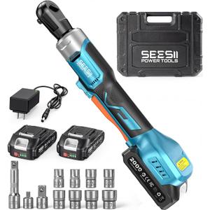 Seesii 3/8" Cordless Ratchet Wrench Set, 60 ft-lbs (80Nm) High Torque Electric Ratchet, 21V Max & 22.0Ah Batteries, 300 RPM, Fast Charger, LED Work Light,1017mm Socket Set, Extension Bar & Case