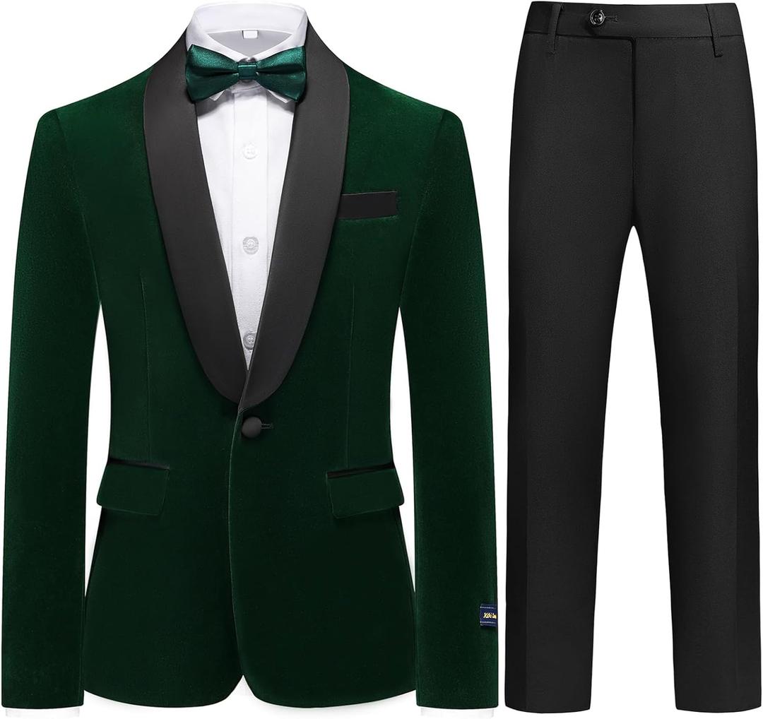 Boys Velvet Suits Slim Fit Tuxedo 2 Piece Kids Blazer Jacket Pants Formal  Fashion Ring Bearer Outfit for Wedding (Green, 14Y)