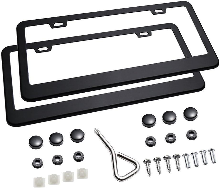 Ohuhu Matte Aluminum License Plate Frame with Black Screw Caps, 2Pcs 2 Holes Black Car Licenses Plate Covers Holders for US Vehicles