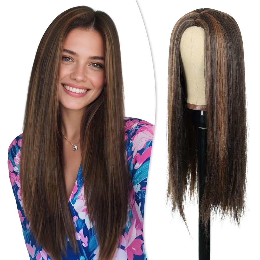 PHOCAS Long Brown Wig 23" Long Straight Brunette Wigs for Women Synthetic Chocolate Dark Brown Wigs with Highlight for Women Daily Party