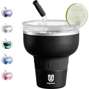 16 oz Cocktail Tumbler with Lid and Straw - Stainless Steel Insulated Margarita Tumbler - 320 Sippable Stemless Wine Cup for Party | Black