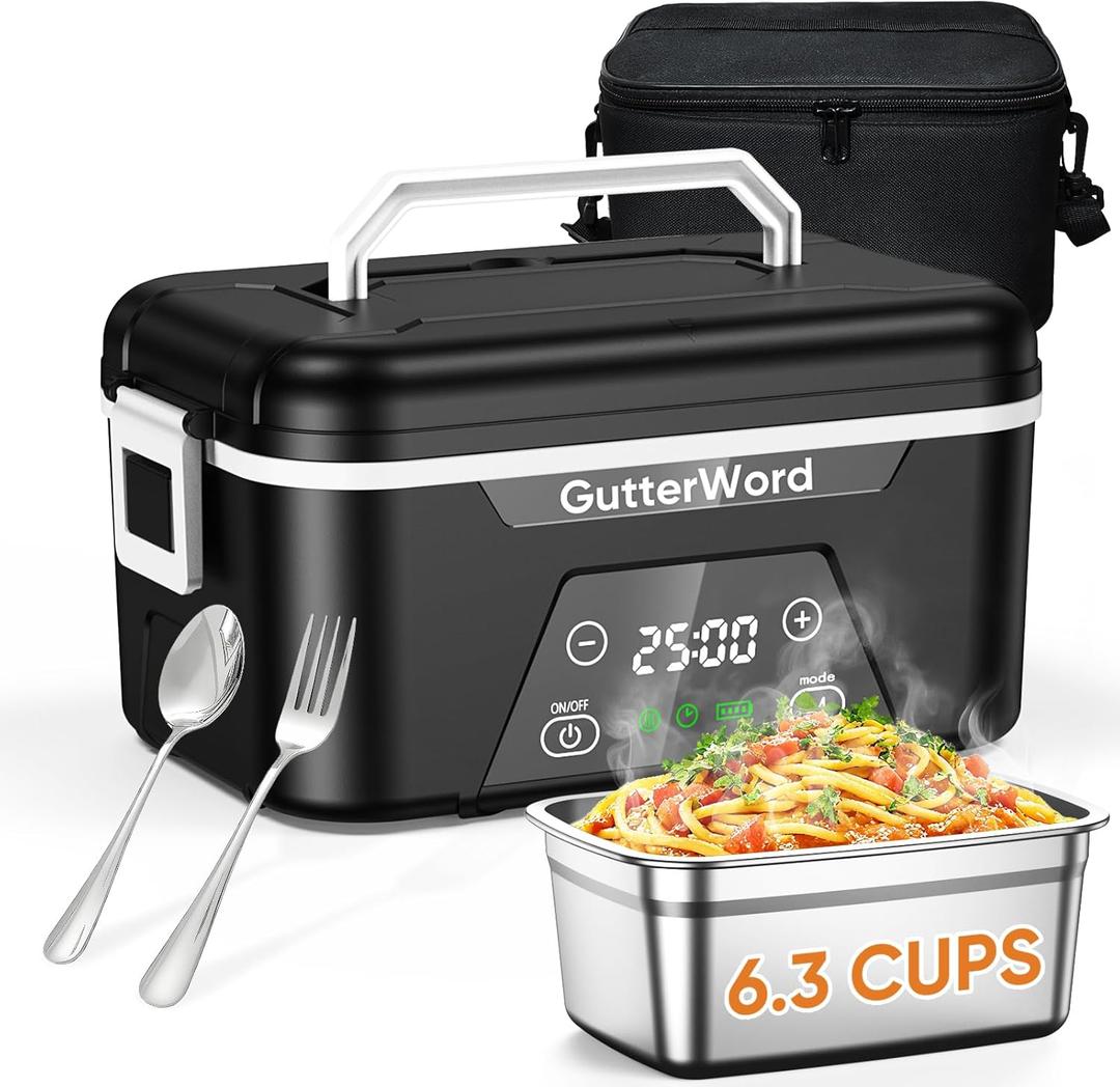 Cordless Electric Lunch Box with Ice Crystal Box, 6.3 Cups Heated Lunch Box for Men with 20000mAh Battery Powered & Scheduled Heating, Portable Rechargeable Food Warmer with Utensil Set