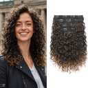 FLUFYMOOZ 4PC Clip in Hair Extensions, 14 Inch 100％ Pure Protein Silk Short Hairpiece Deep Curly Wavy Hair Extensions Clip in Natural Soft Hairpiece for Women-Dark Almond brown with copper