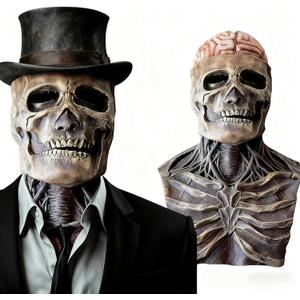 FLOWERTEEN Skeleton Halloween Scary Latex Mask with Moving Jaw Realistic Full Head Skull Mask Party Cosplay (Without Hat)