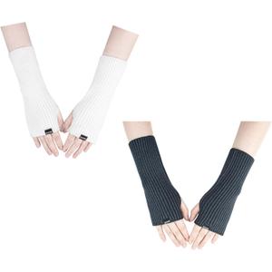 Arm Warmers Women Winter Long Fingerless Gloves Knitted Wrist Warmers with Thumb Hole Arm Sleeve Pack (22cm, A-white+dark Green)