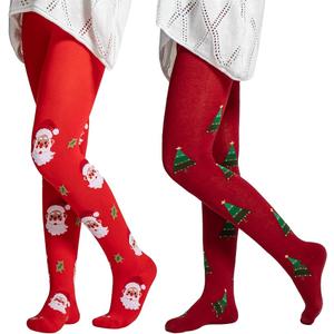 Aaronano 2 Pairs Girls Patterned Red Tights Christmas Holiday Stockings Kids Snowflake Printed Tights for Girls 4-10t, L