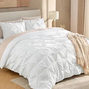 Full Pinch Pleat White Comforter Set 3 Piece Bedding | Lightweight Comforter with 2 Pillow Shams,79"x90", Pintuck Fluffy, All Season Use, Boho Cute Style for Bedroom