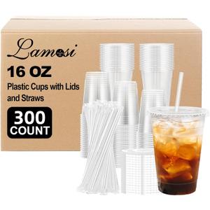 Lamosi 300 Pack 16 oz Plastic Coffee Cups with Lids, Disposable Clear Cups