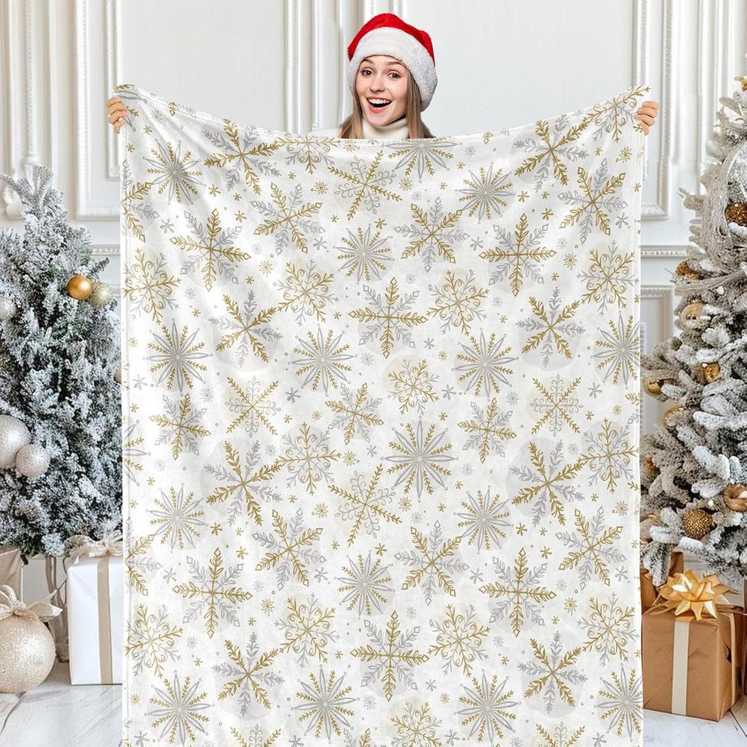 JarThenaAMCS Christmas Fuzzy Blanket Gold Silver Snowflake Throw Blanket Winter Xmas Soft Cozy Flannel Blanket for Home Party Bed Sofa Couch, 50 x 60 Inch