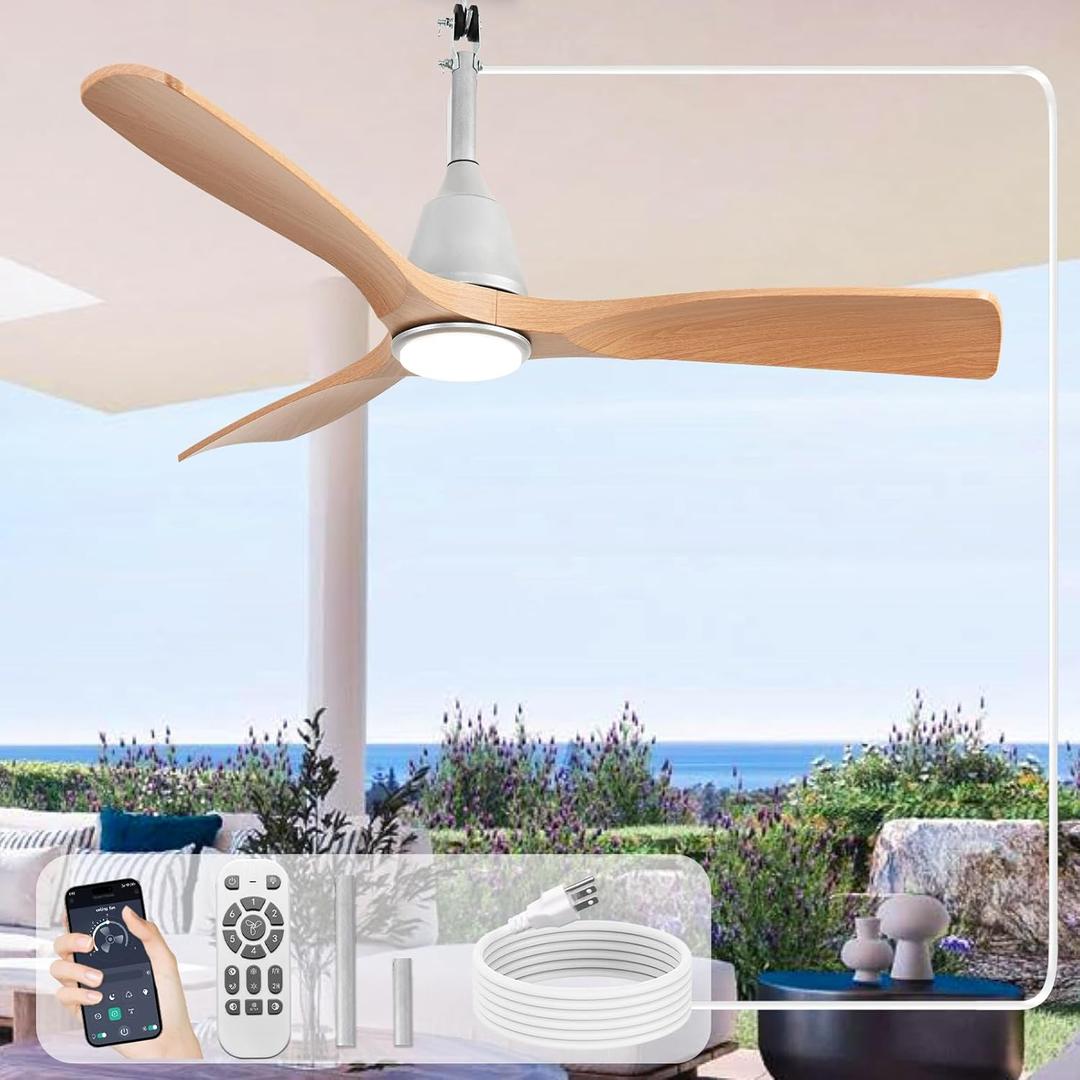 Depuley Outdoor Ceiling Fan with Lights: 42" Silver Gazebo Fans Outdoor Hanging with Remote APP Control - Plug in Waterproof Fans with Light for Patio Porch Reversible Wood Blades 3CCT 6 Speeds Timer