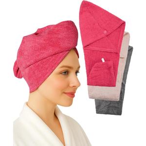 Cotton Hair Wrap Towels for Women, (Pack of 3 - Raspberry, Pink & Grey) Head Towel Cap, Cotton Hair Turban Towel Wrap for Long Curly Anti Frizz Hair, Soft and Absorbent Cotton Hair Towels