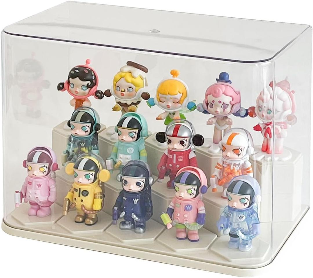 Yesesion Clear Display Cases for Figures Under 8 inches Tall, Large Plastic Collectibles Showcase with 14pcs Cube, Stackable Storage Box with Lid for Model Car, Doll, Toy, Souvenir, Perfume Stand