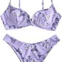 ZAFUL Women's Underwire Bikini Floral High Cut Bikini Set V-Wired Two Piece Swimsuit Bathing Suit (1-light Purple) Small