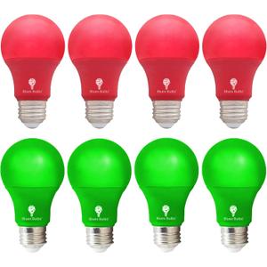 8 Pack A19 LED Red & Green Light Bulb, 120V E26 Base, 9W (60W Replacement), Party Decoration, Porch & Home Lighting, Christmas