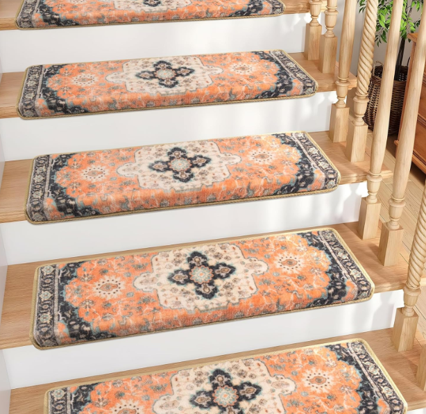 Bullnose Non-Slip Stair Treads for Wooden Steps, Carpet Stair Treads for Indoor Runner, Pet Friendly Soft Stair Rugs, Edging Stair Protectors Reusable, Washable, 30"x9.5"x1.5" 14pcs, Red