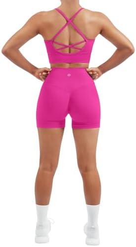 SUUKSESS Women Seamless 2 Piece Workout Sets Criss Cross Sports Bra High Waist Booty Shorts size S