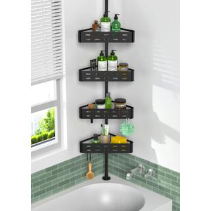 KEGII Corner Shower Caddy Tension Pole - Shower Tension Rod Organizer, Floor to Ceiling Shower Caddy 25-114.2 inch, Towel Rack Corner Waterproof, Dark Black