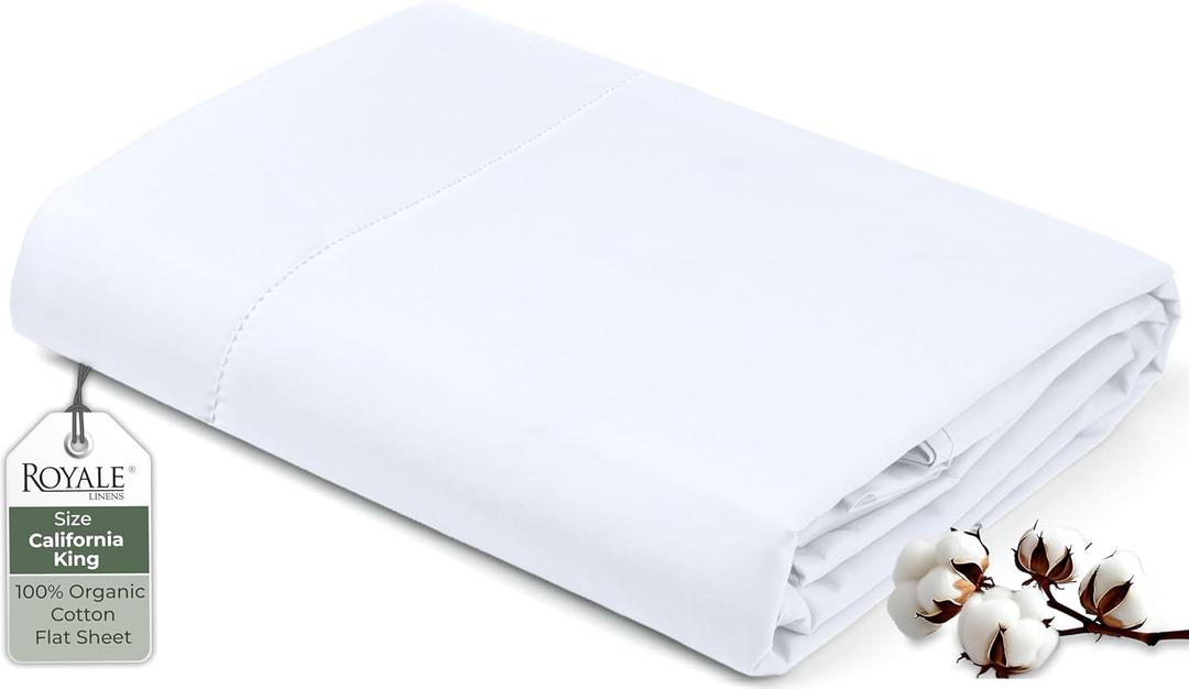 Royale Linens 100% Organic Cotton King Flat Sheet Only - Super Soft - Percale Top Sheets - King Flat Sheet Sold Separately - Breathable, Cool & Crisp White Sheets Only (105" x 102", White)