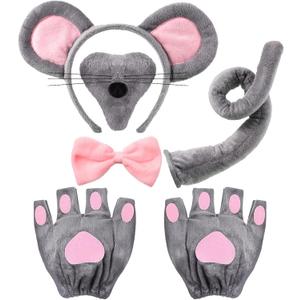 Sintege Mouse Costume for Adult Halloween Mice Ears Headband Mouse Nose Tail Gloves Mice Costume for Carnival (Grey)