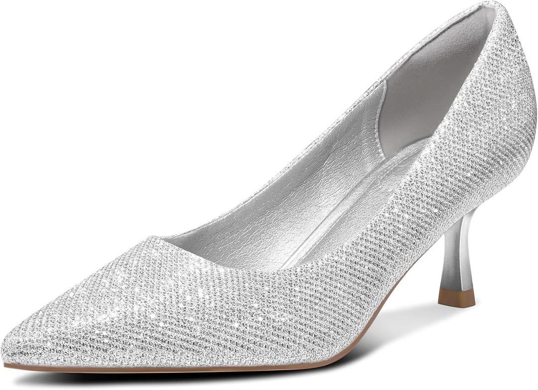 mysoft Kitten Heels for Women Low Heel Pumps 2 Inch Closed Toe Wedding Dress Shoes (8, Silver)