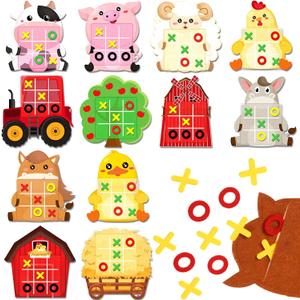 Wiwiqing 24 Pack Tic Tac Toe Farm Party Favors, Felt Travel Board Games Farm Animals Goodie Bags Stuffers Barnyard Cow Pig Sheep Strategic Toys for Birthday Gifts Prizes Themed Party Supplies